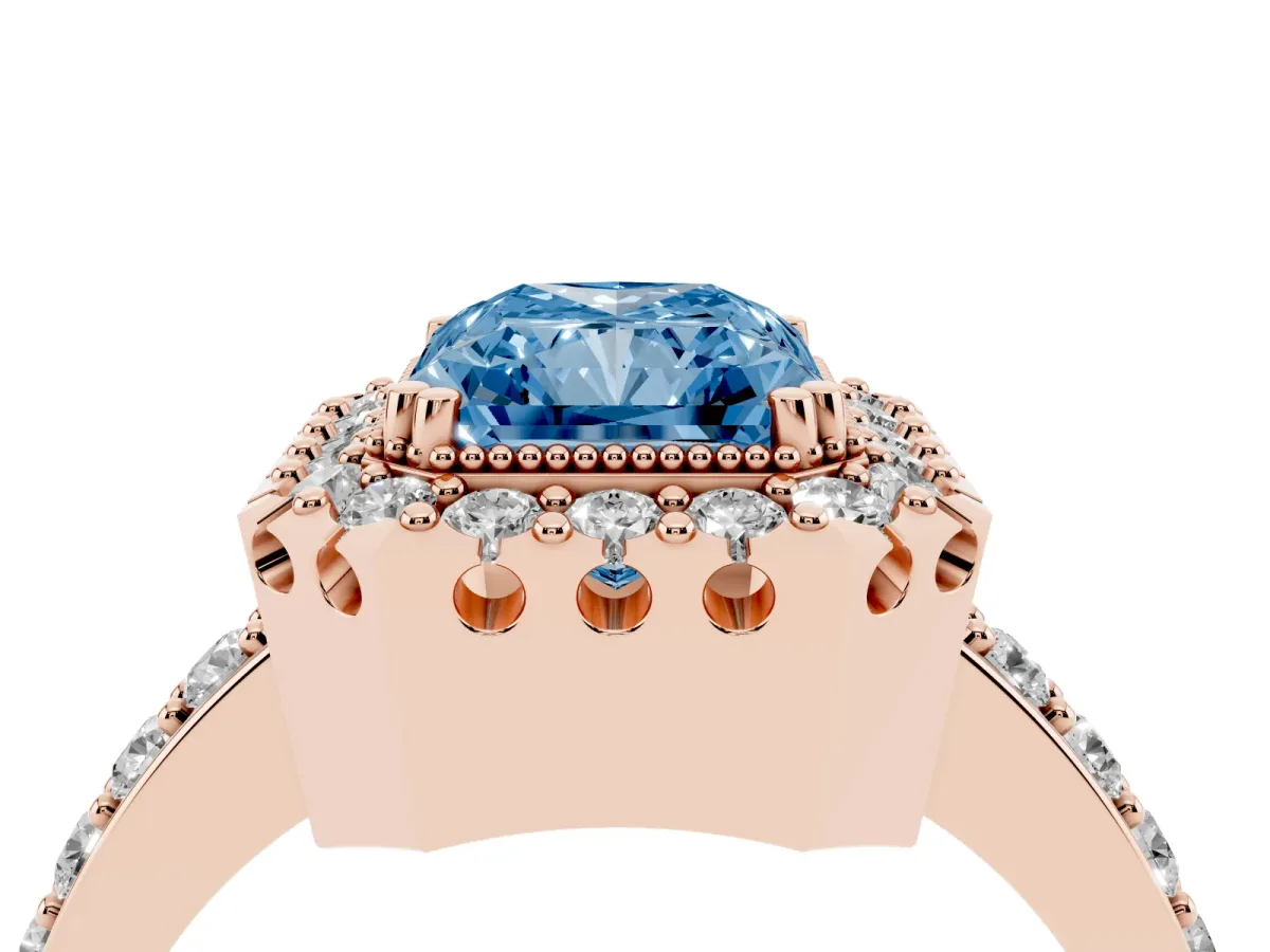 Fancy Blue Radiant Cut Diamond Halo Ring with Pavé Band and Prong Setting Rose gold