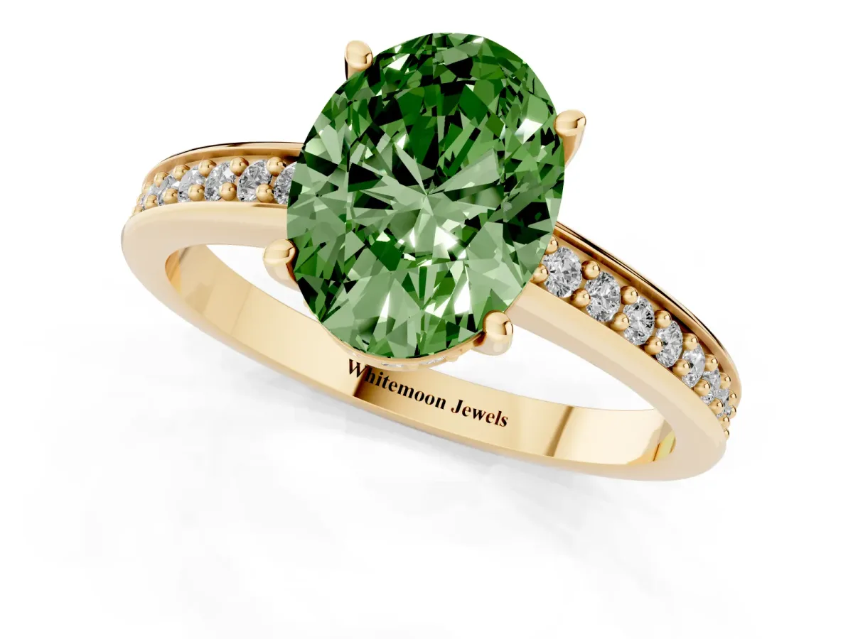 Fancy Green Oval Cut Solitaire Pavé Band Prong Setting Ring Yellow gold