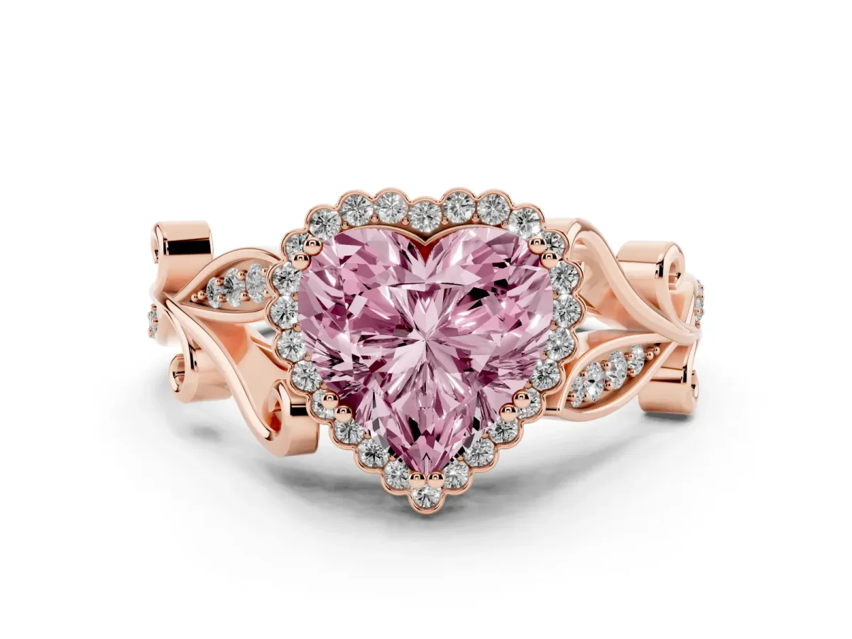 Fancy Pink Heart Cut Diamond Halo Ring with Vintage Split Shank and Four-Prong Setting Rose gold