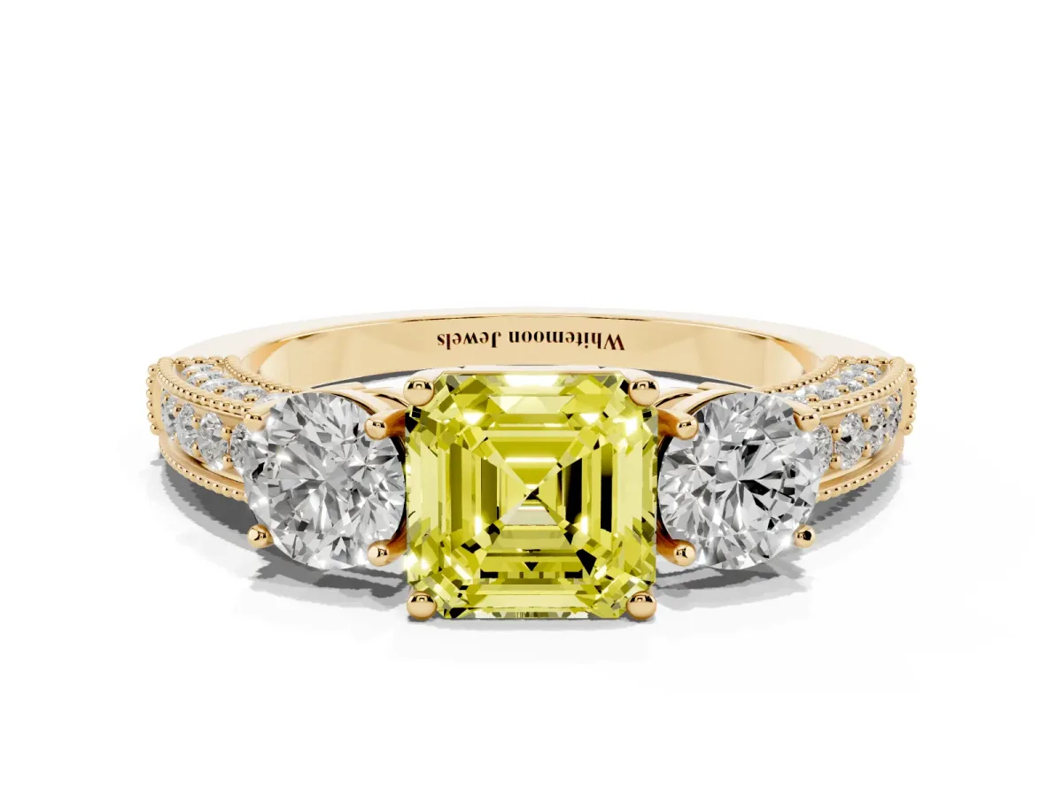 Fancy Yellow Asscher Cut Three-Stone Diamond Ring with Pavé Band and Four-Prong Setting Yellow gold