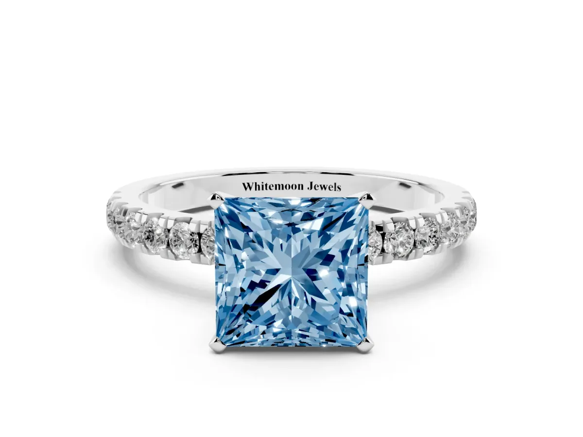 Fancy Blue Princess Cut Diamond Solitaire Ring with Pavé Accents and Four-Prong Setting Platinum