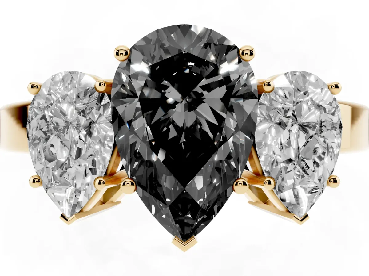 Fancy Black Three-Stone Pear Cut Cut Diamond Engagement Ring with Flat Band and Four-Prong Setting Yellow gold