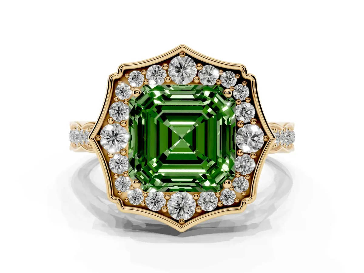 Fancy Green Asscher Cut Halo Diamond Engagement Ring with Milgrain Band and Four-Prong Setting Yellow gold