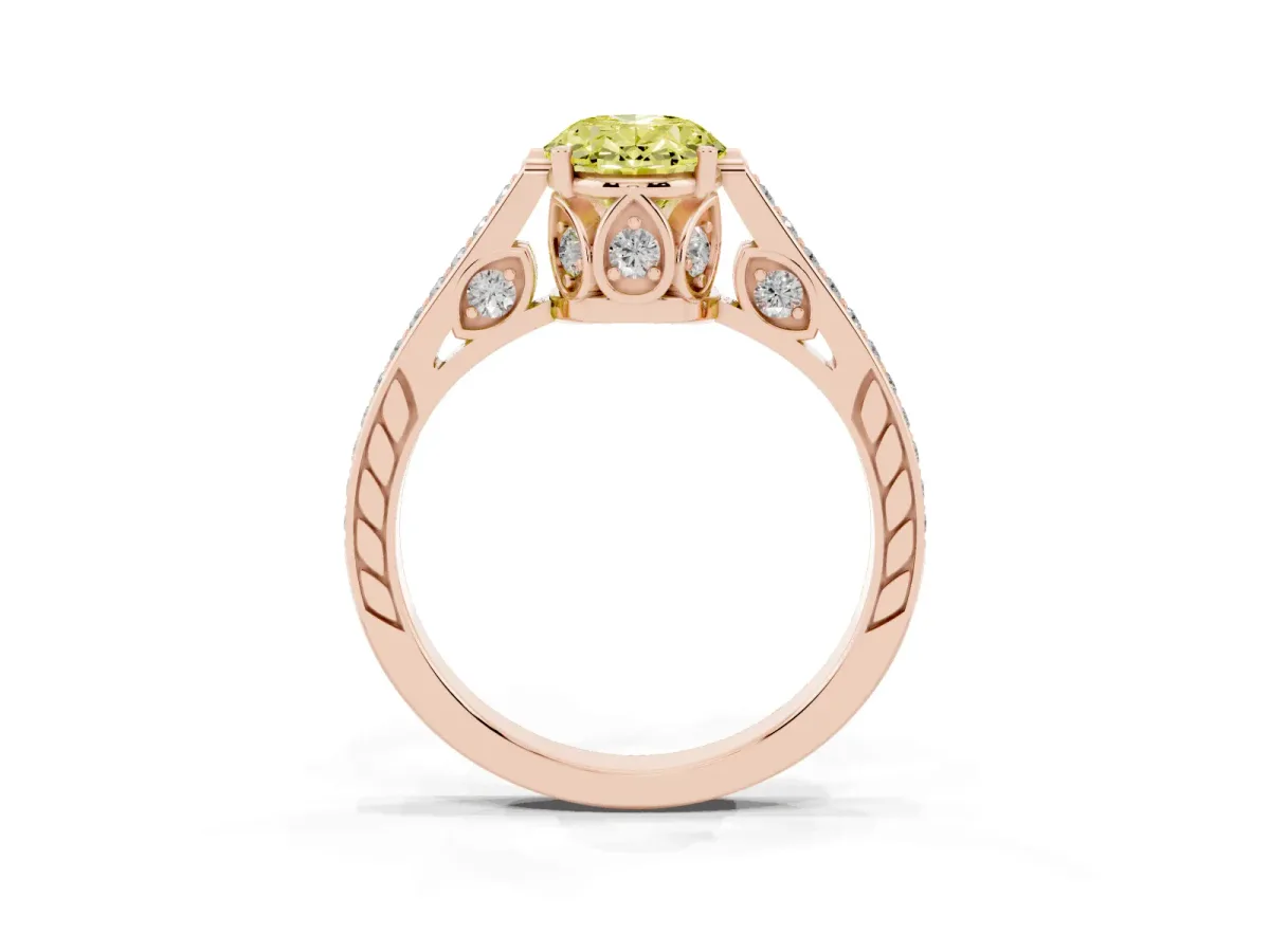Fancy Yellow Oval Cut Cut Cathedral Pave Diamond Engagement Ring with Six-Prong Setting Rose gold