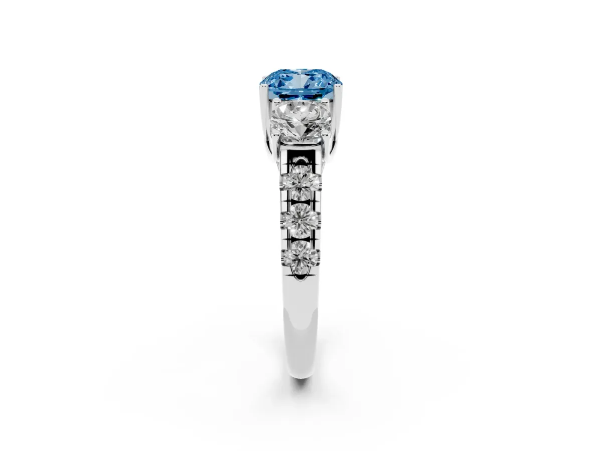 Fancy Blue Three-Stone Cushion Cut Diamond Pavé Band with Prong Setting Silver
