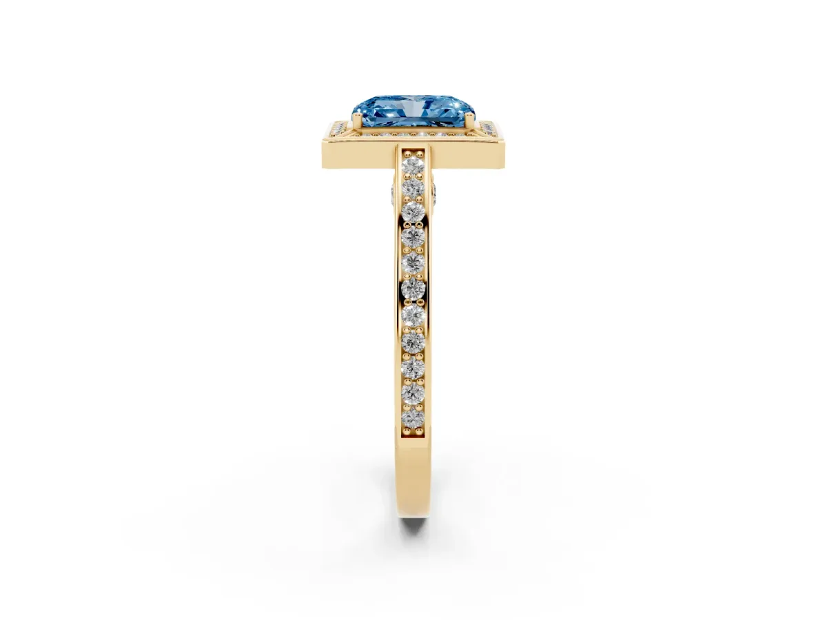 Fancy Blue Radiant Cut Cut Halo Pave Split Shank Prong Setting Ring Yellow gold