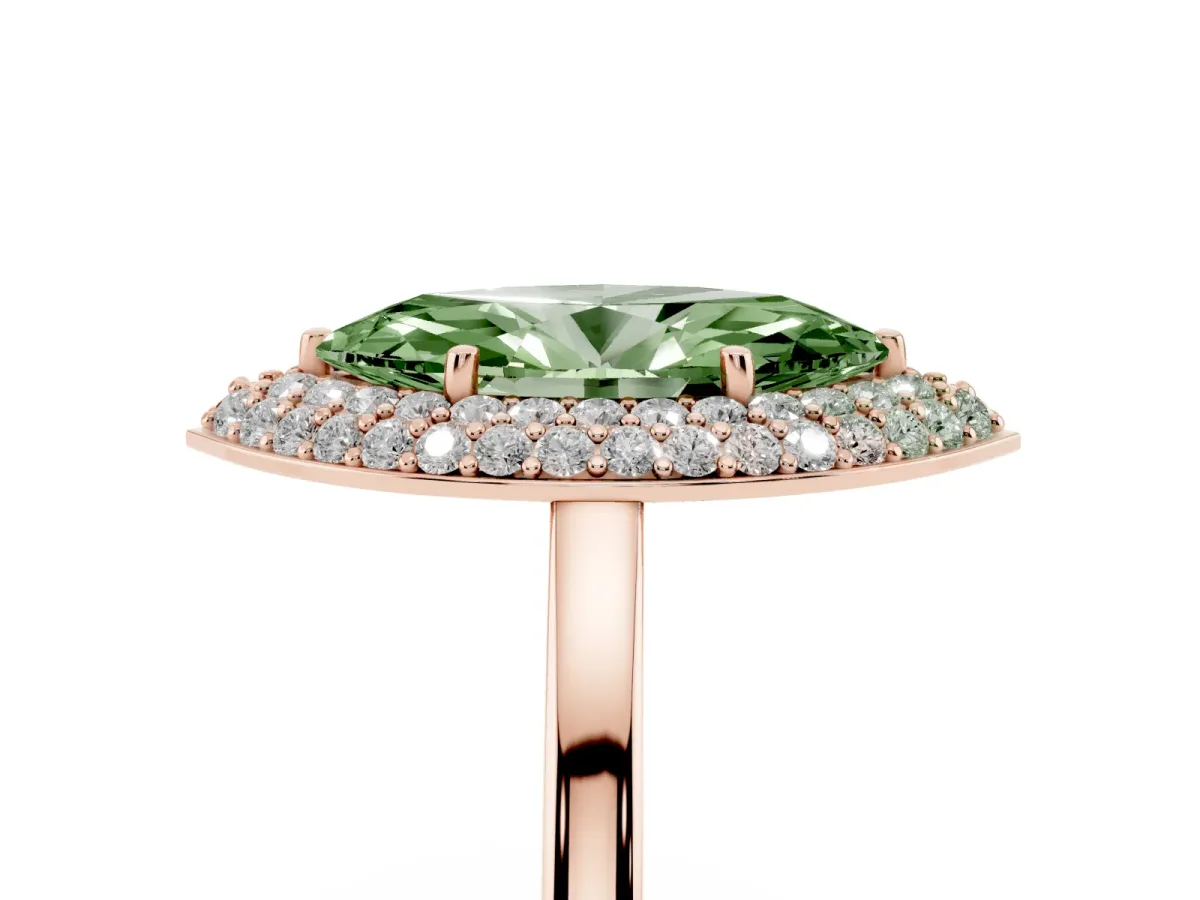 Fancy Green Marquise Cut Halo Diamond Engagement Ring with Solitaire Band and Four-Prong Setting Rose gold