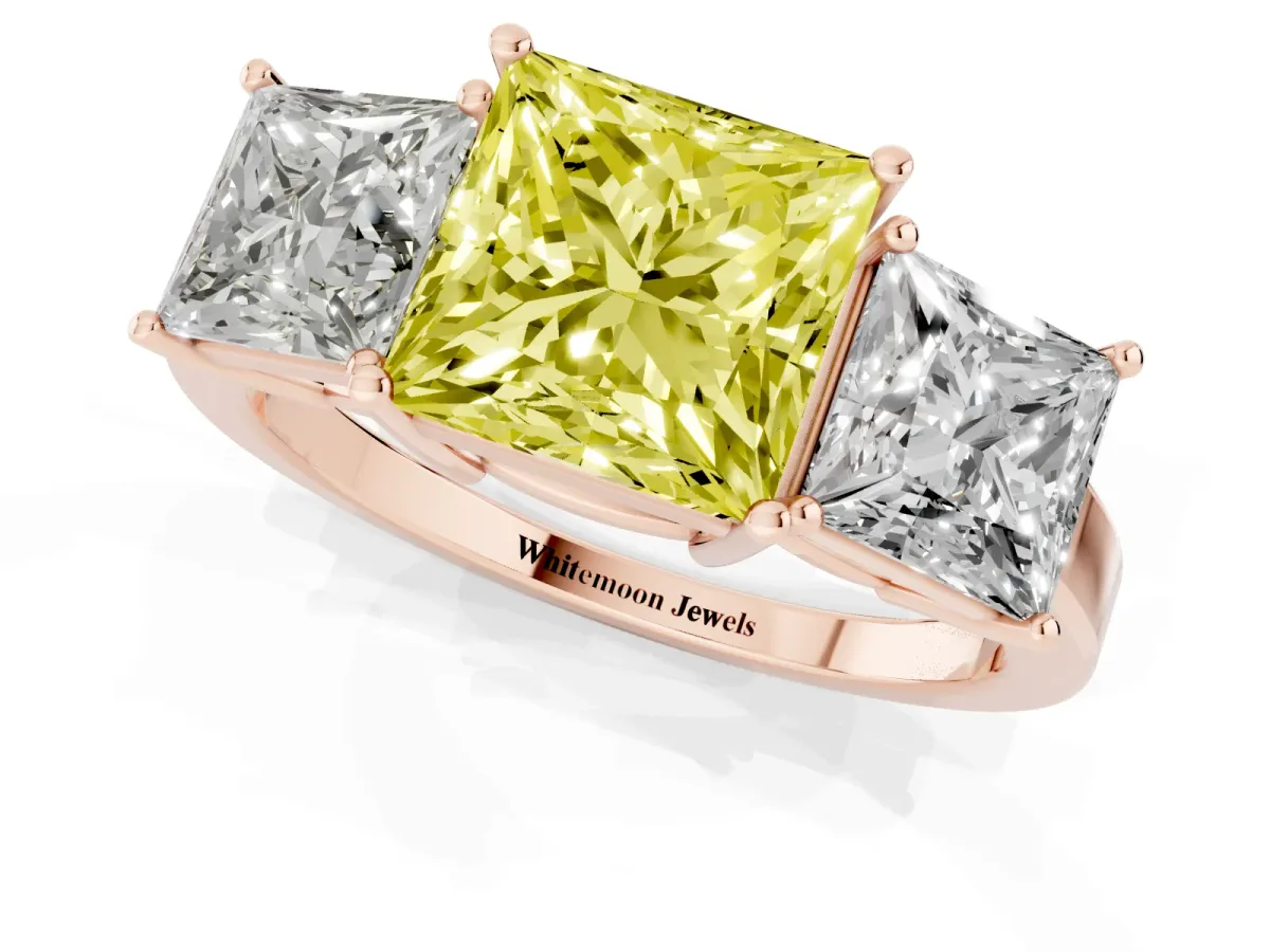 Fancy Yellow Three-Stone Princess Cut Cut Diamond Engagement Ring with Flat Band and Four-Prong Setting Rose gold
