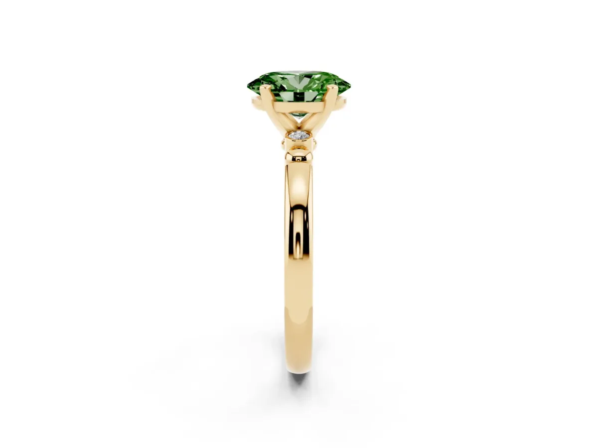 Fancy Green Oval Cut Solitaire Beaded Band with Four-Prong Setting Yellow gold
