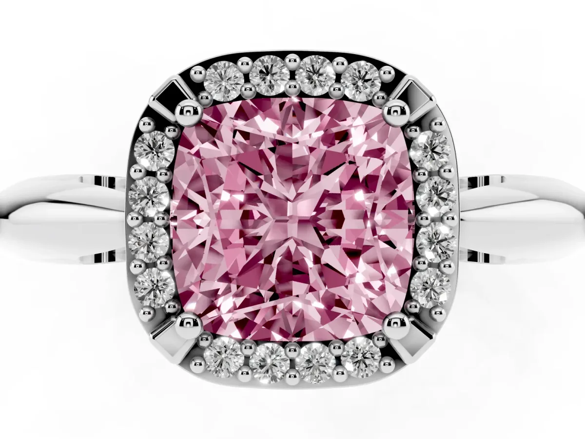 Fancy Pink Cushion Cut Cut Diamond Halo Engagement Ring with Split Shank and Four-Prong Setting Silver