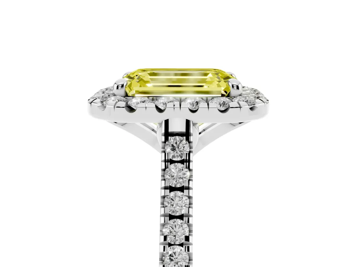 Fancy Yellow Emerald Cut Diamond Cushion Halo Ring with Pavé Band Silver