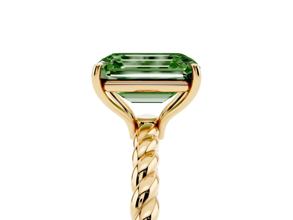 Fancy Green Emerald Cut Solitaire Twisted Band 4-Prong Ring Yellow gold