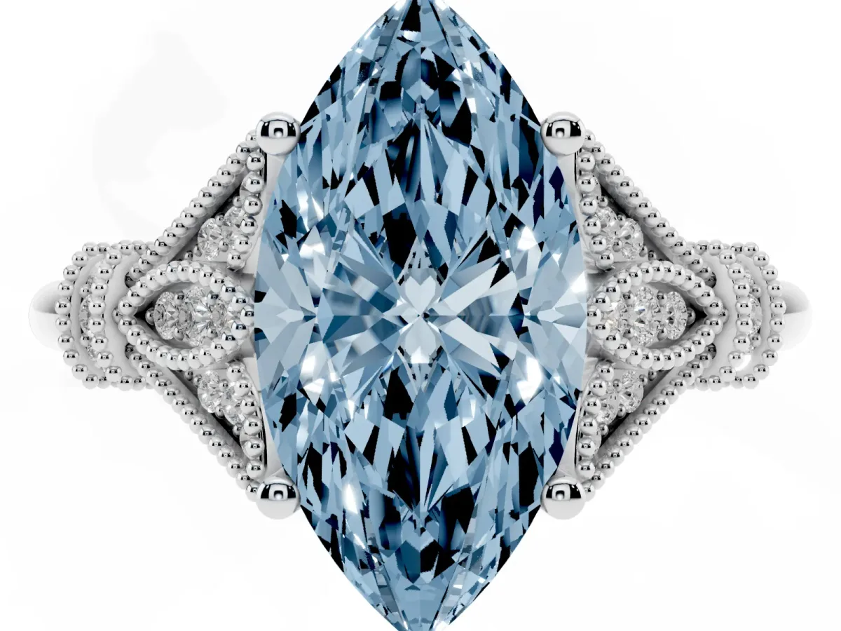 Fancy Blue Marquise Cut Diamond Solitaire Ring with Floral Filigree and Pave Accents Silver