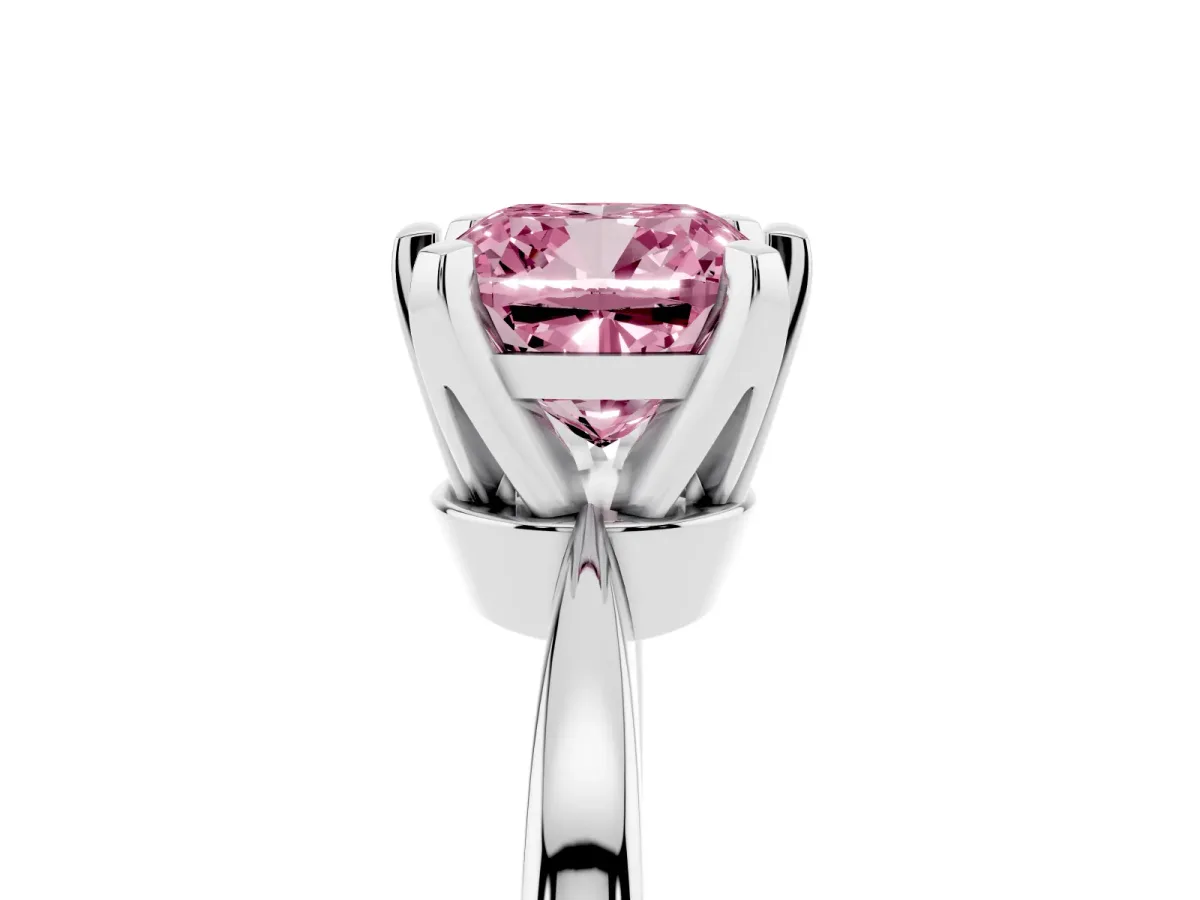 Fancy Pink Cushion Cut Solitaire Engagement Ring with Six-Prong Setting and Tapered Band Silver