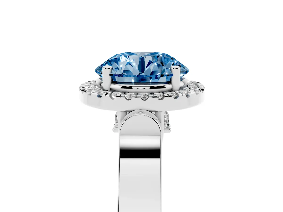 Fancy Blue Round Cut Halo Round Diamond Twist Band with Four-Prong Setting Platinum