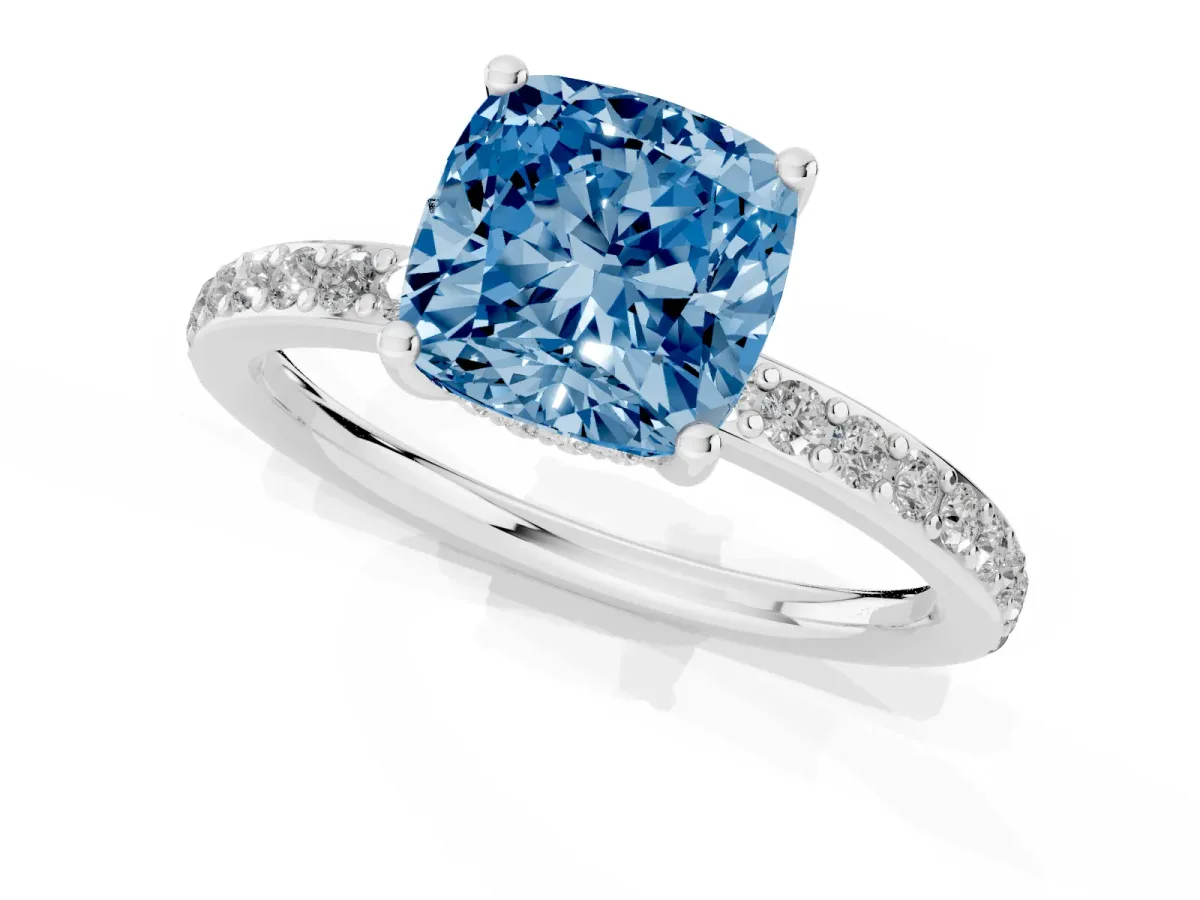 Fancy Blue Cushion Cut Cut Diamond Pavé Band Ring with Four-Prong Setting Silver