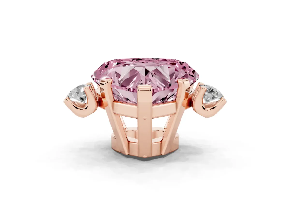 Fancy Pink Heart Cut Cut Three-Stone Solitaire Ring with Round Accent Diamonds and Four-Prong Setting Rose gold
