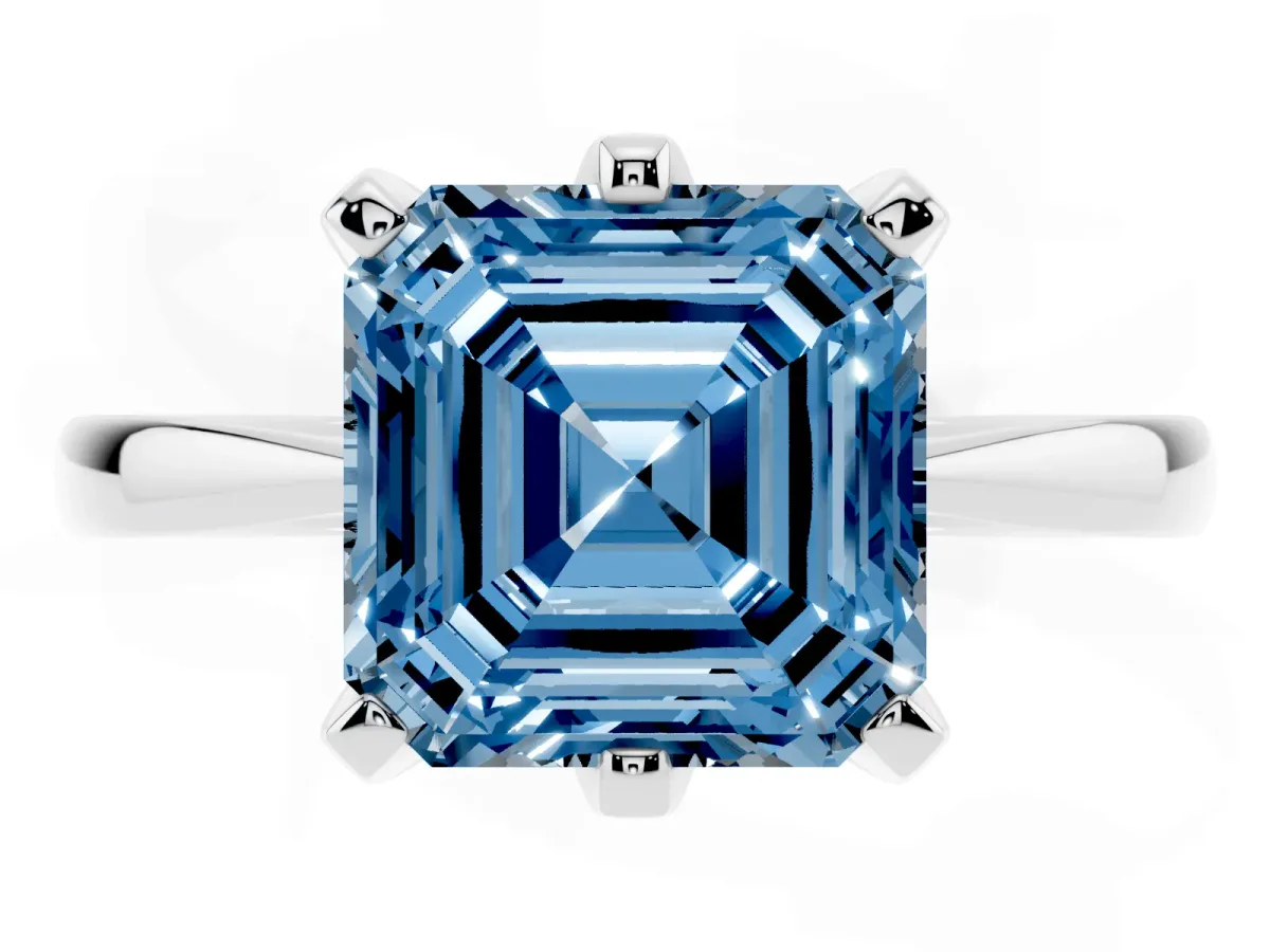 Fancy Blue Asscher Cut Solitaire Engagement Ring with Six-Prong Setting and Tapered Band White gold