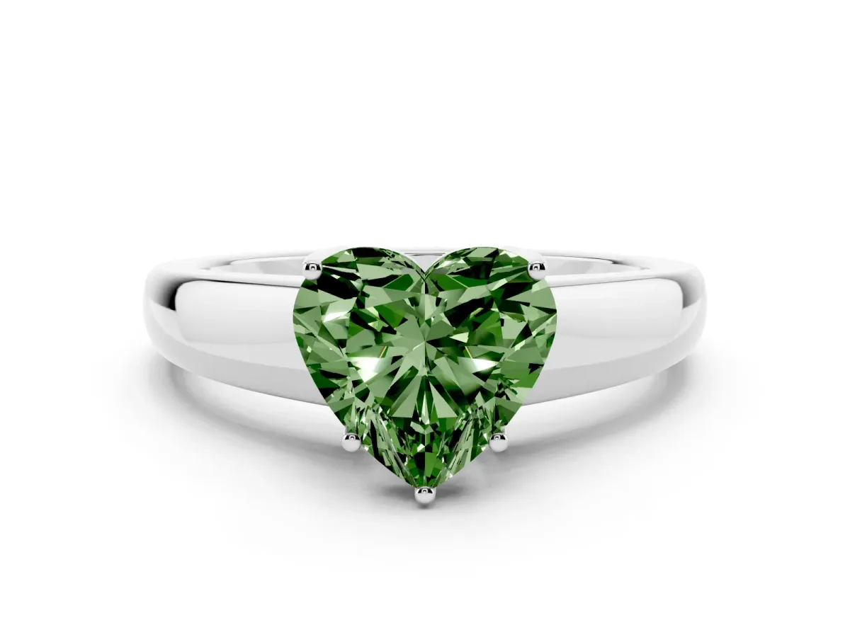 Fancy Green Heart Cut Solitaire Diamond Ring with Tapered Band and Four-Prong Setting Platinum