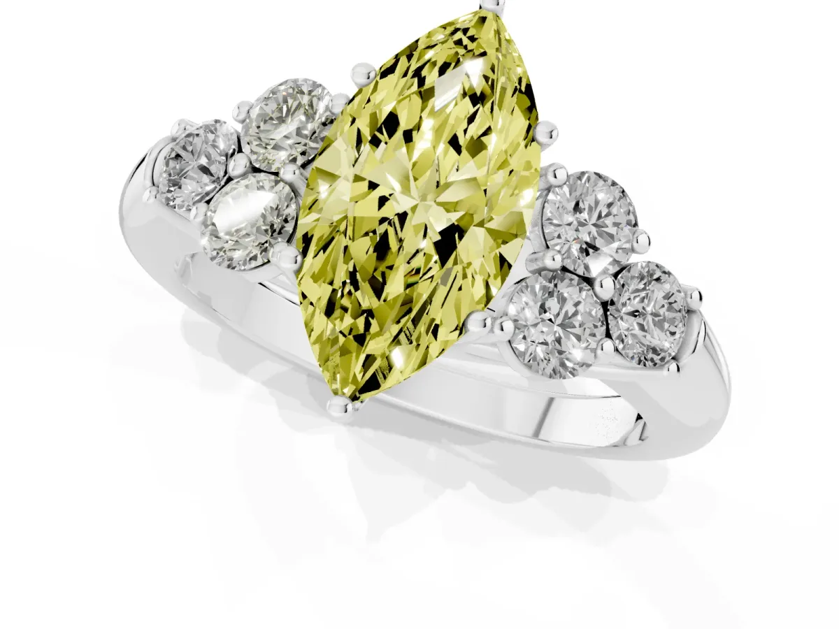 Fancy Yellow Marquise Cut Cut Diamond Cluster Ring with Round Accent Stones and Prong Setting on a Classic Band Silver
