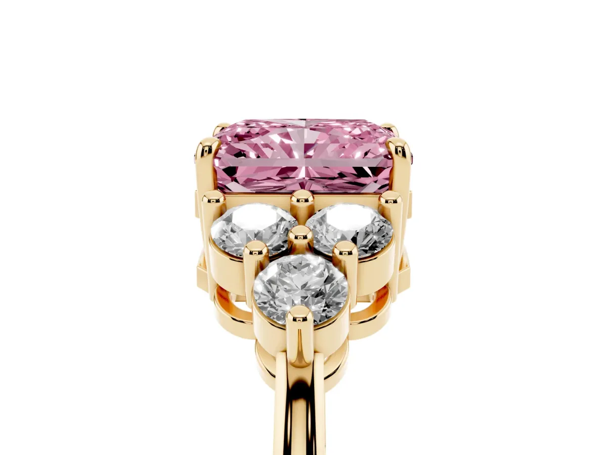 Fancy Pink Radiant Cut Brilliant Diamond Cluster Accent Solitaire Ring with Prong Setting Yellow gold