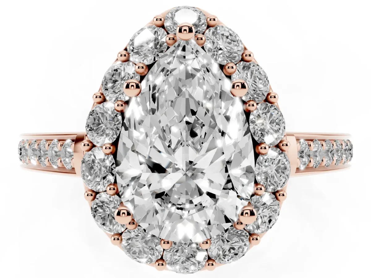 Pear Cut Diamond Floral Halo Ring with Pavé Band and Prong Setting Rose gold