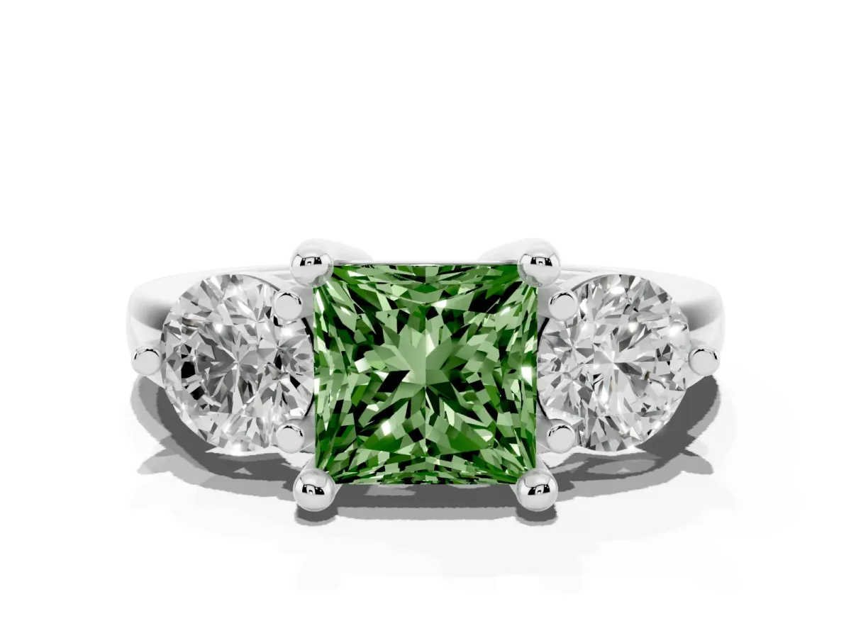 Fancy Green Three-Stone Princess Cut Brilliant Cut Solitaire Ring with Prong Setting on a Classic Band Platinum