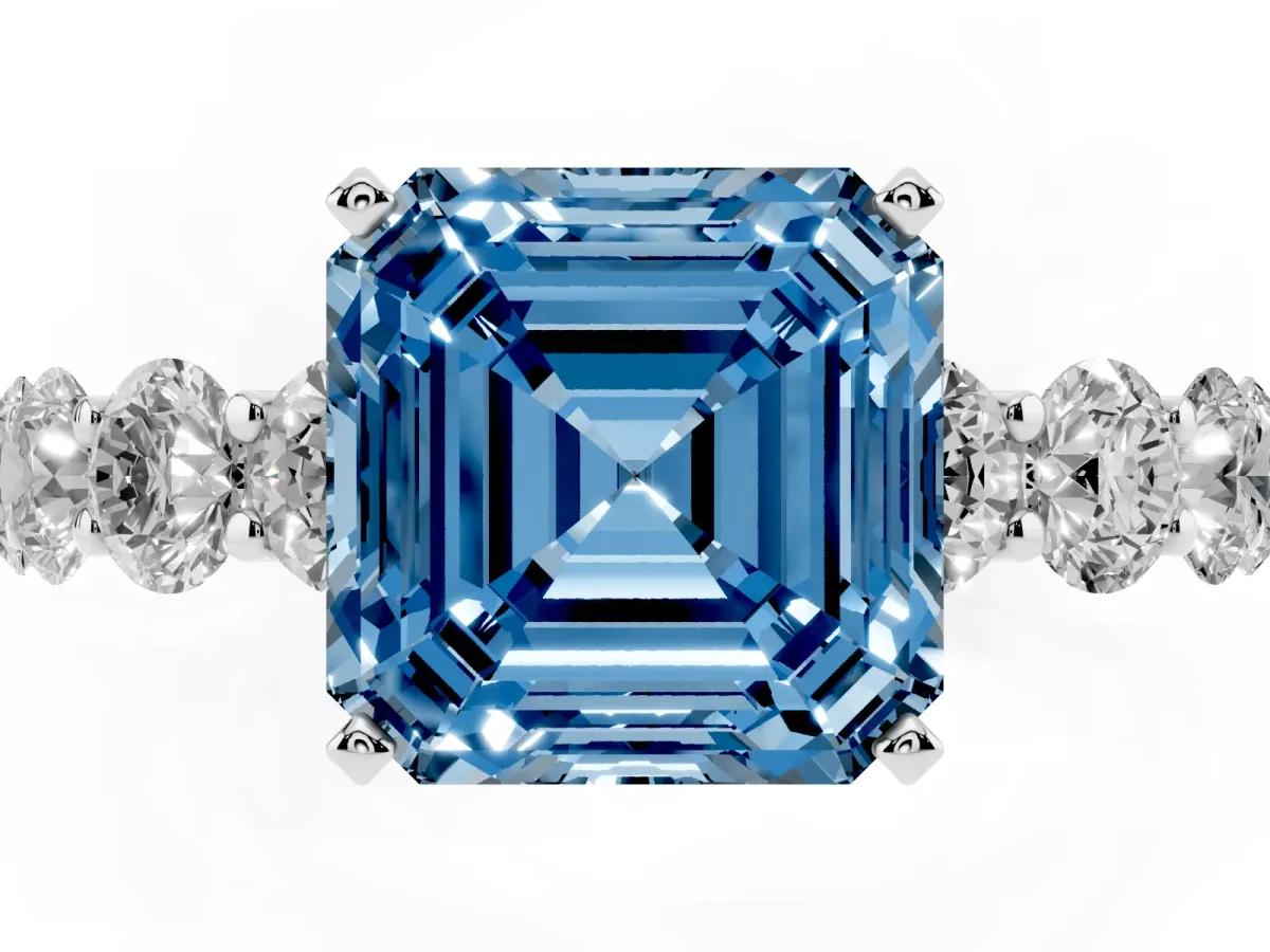 Fancy Blue Asscher Cut Diamond Prong Setting with Side Stones on a Pave Band Silver
