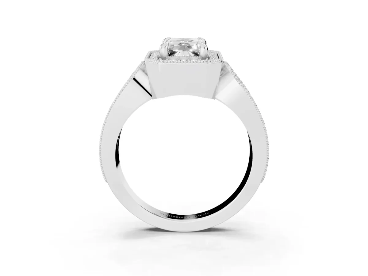 Emerald Cut Halo Split Shank Milgrain Diamond Ring Platinum