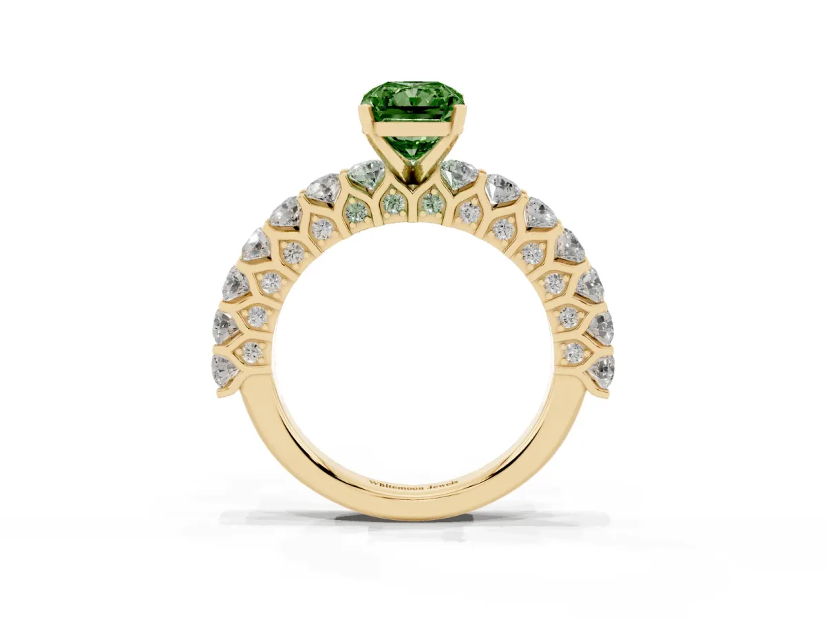 Fancy Green Radiant Cut Diamond Solitaire Ring with Shared Prong Pavé Band and Four-Prong Setting Yellow gold