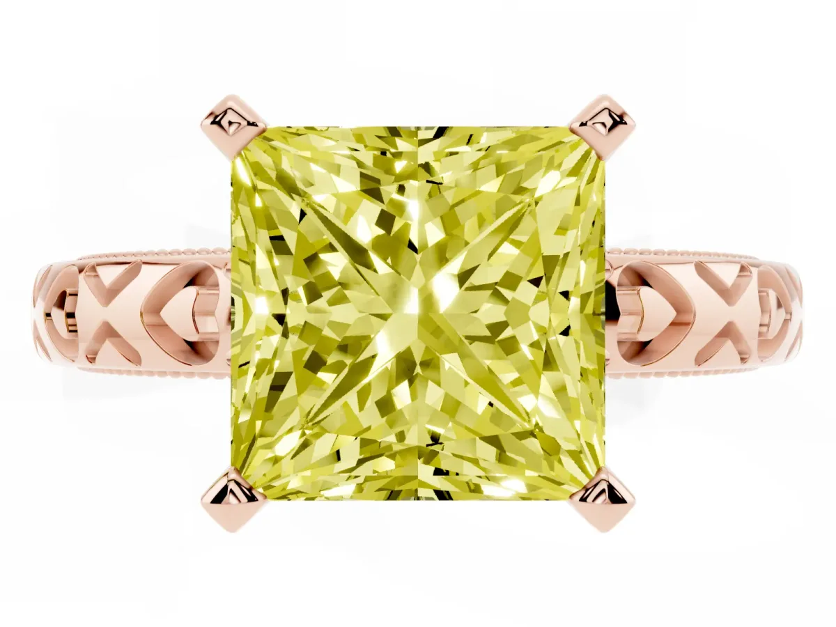 Fancy Yellow Princess Cut Solitaire Diamond Engagement Ring with XO Engraved Band and Four-Prong Setting Rose gold