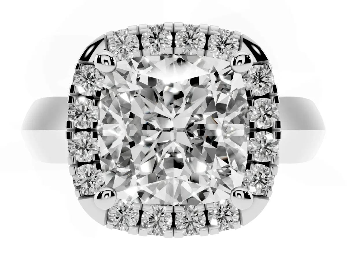 Cushion Cut Cut Halo Solitaire Engagement Ring with Square Band and Four-Prong Setting Silver
