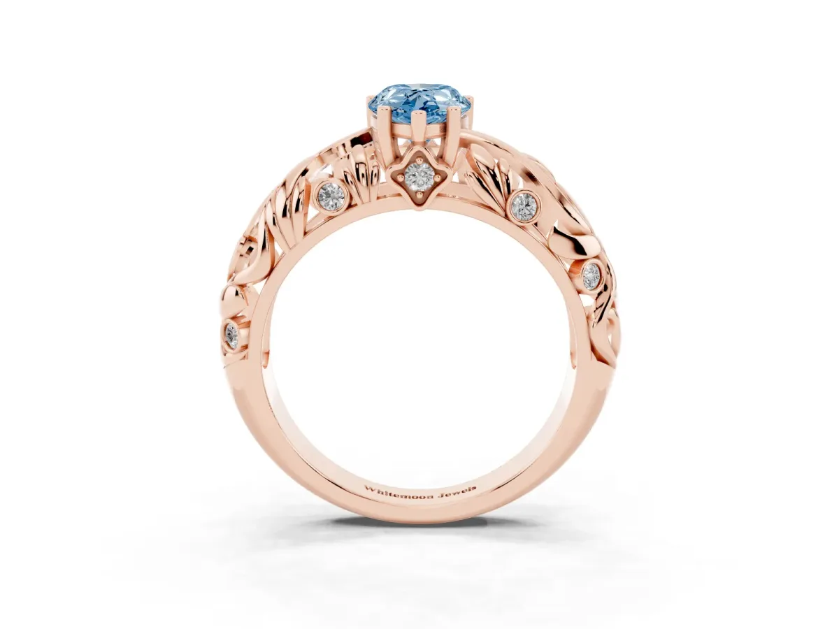 Fancy Blue Pear Cut Solitaire Diamond Leaf-Inspired Vine Band Ring with Prong Setting Rose gold