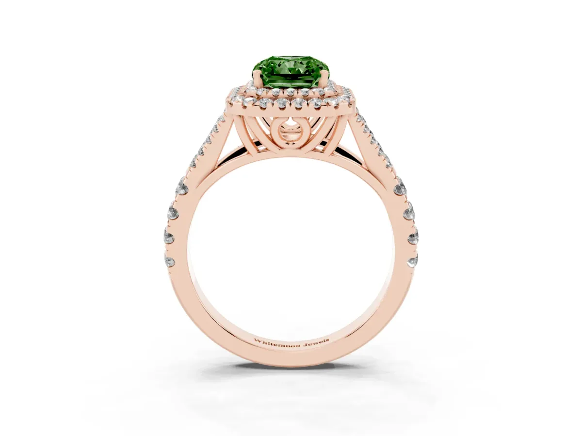 Fancy Green Radiant Cut Diamond Pavé Split Shank Double Halo Engagement Ring Rose gold