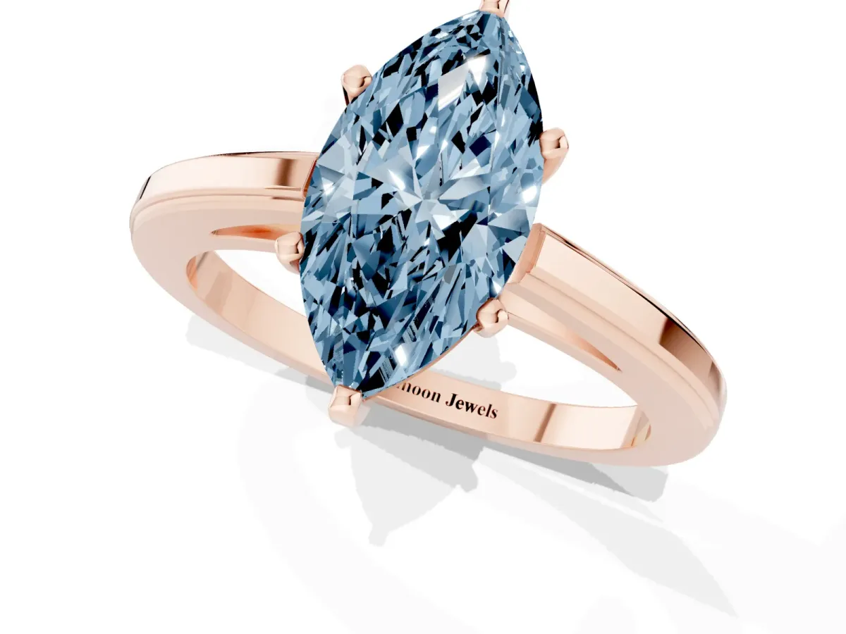 Fancy Blue Marquise Cut Solitaire Diamond Ring with Four-Prong Setting and Classic Band Rose gold