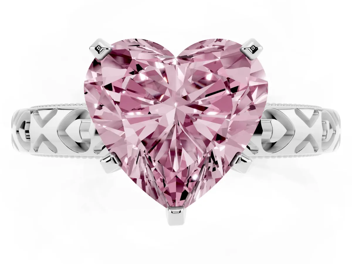Fancy Pink Heart Cut Solitaire Diamond Engagement Ring with XO Engraved Band and Four-Prong Setting White gold