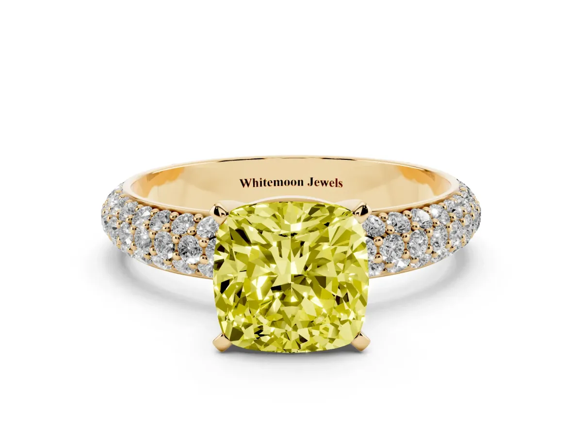 Fancy Yellow Cushion Cut Diamond Solitaire Ring with Prong Setting and Pavé Band Yellow gold