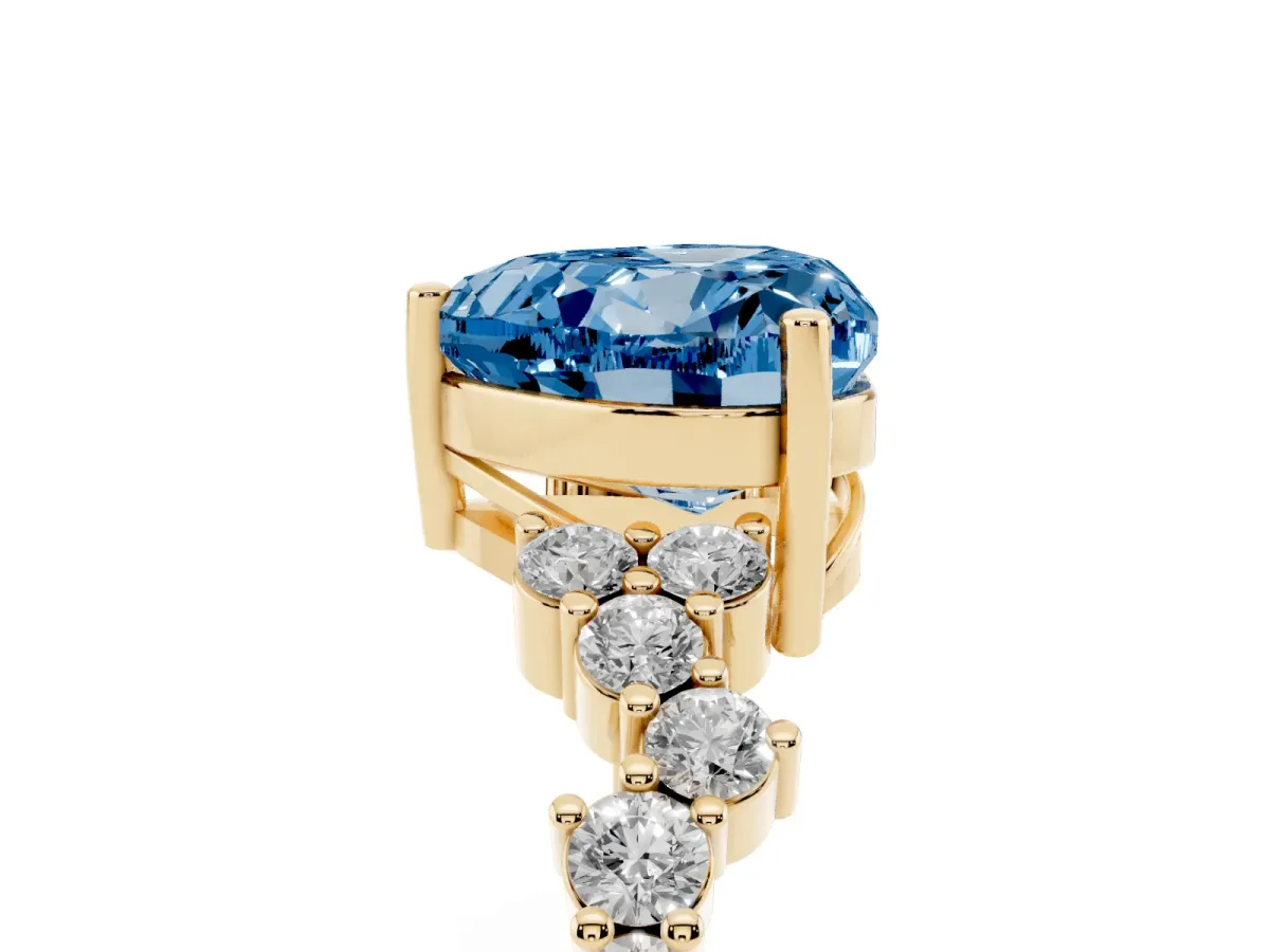 Fancy Blue Heart Cut Diamond Scattered Round Accent Ring with Prong Setting Yellow gold
