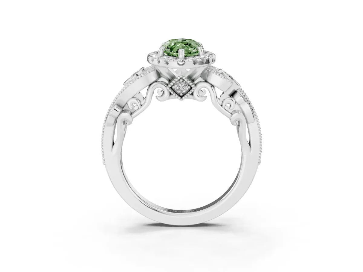 Fancy Green Marquise Cut Halo Diamond Ring with Milgrain and Bezel Accents on a Split Shank Band White gold