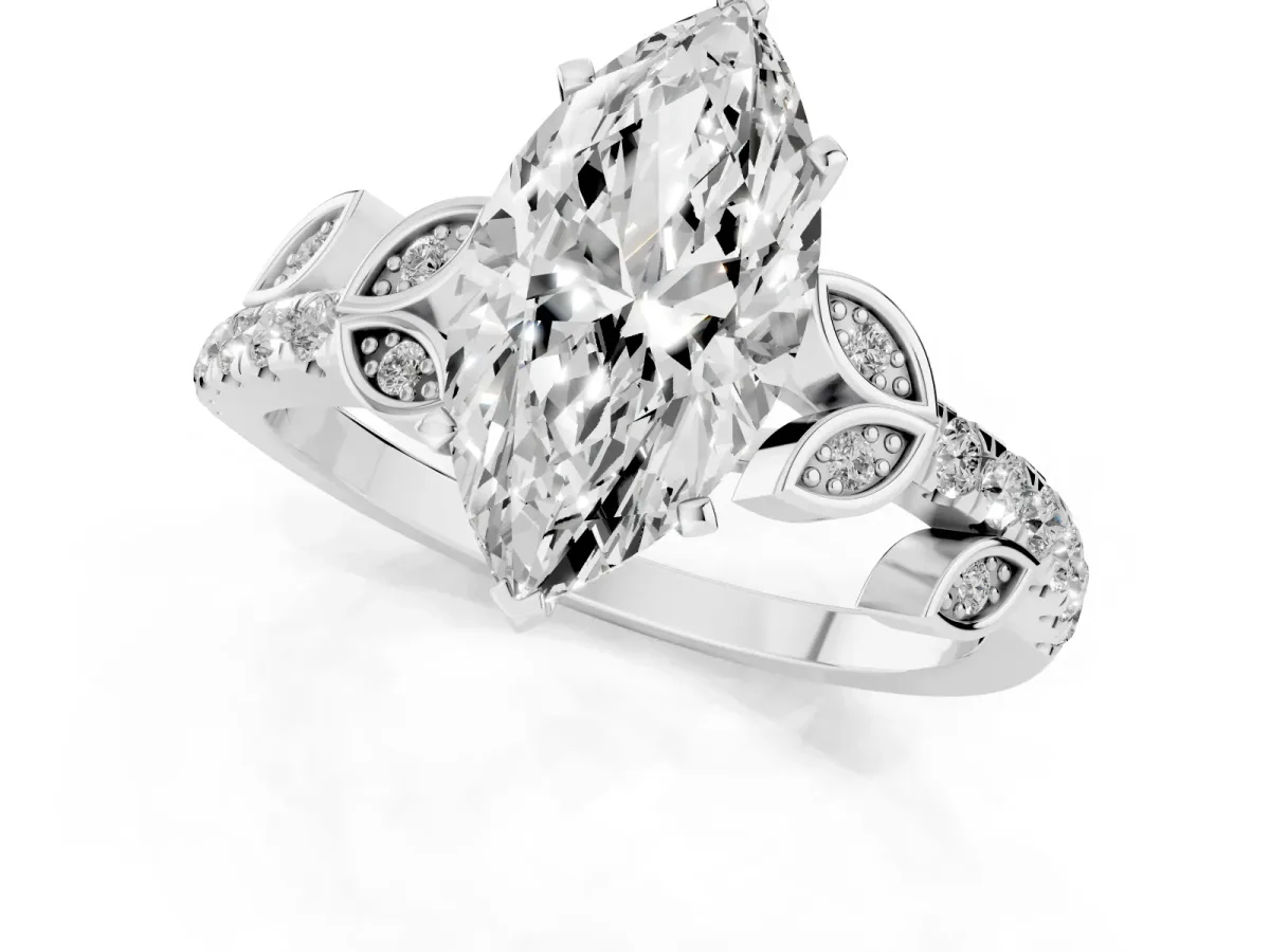 Marquise Cut Solitaire Leaf-Inspired Diamond Ring with Pavé Band and Four-Prong Setting Silver