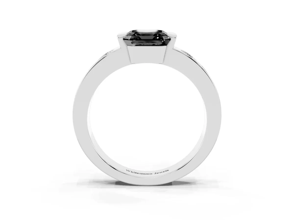 Fancy Black Asscher Cut Brilliant Channel-Set Diamond Ring with Bezel Prong Setting Silver