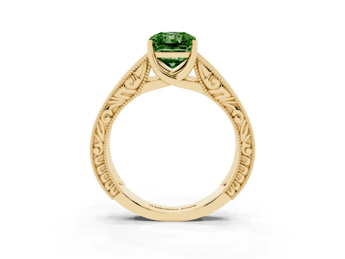 Fancy Green Radiant Cut Diamond Solitaire Ring with Engraved Band and Four-Prong Setting Yellow gold