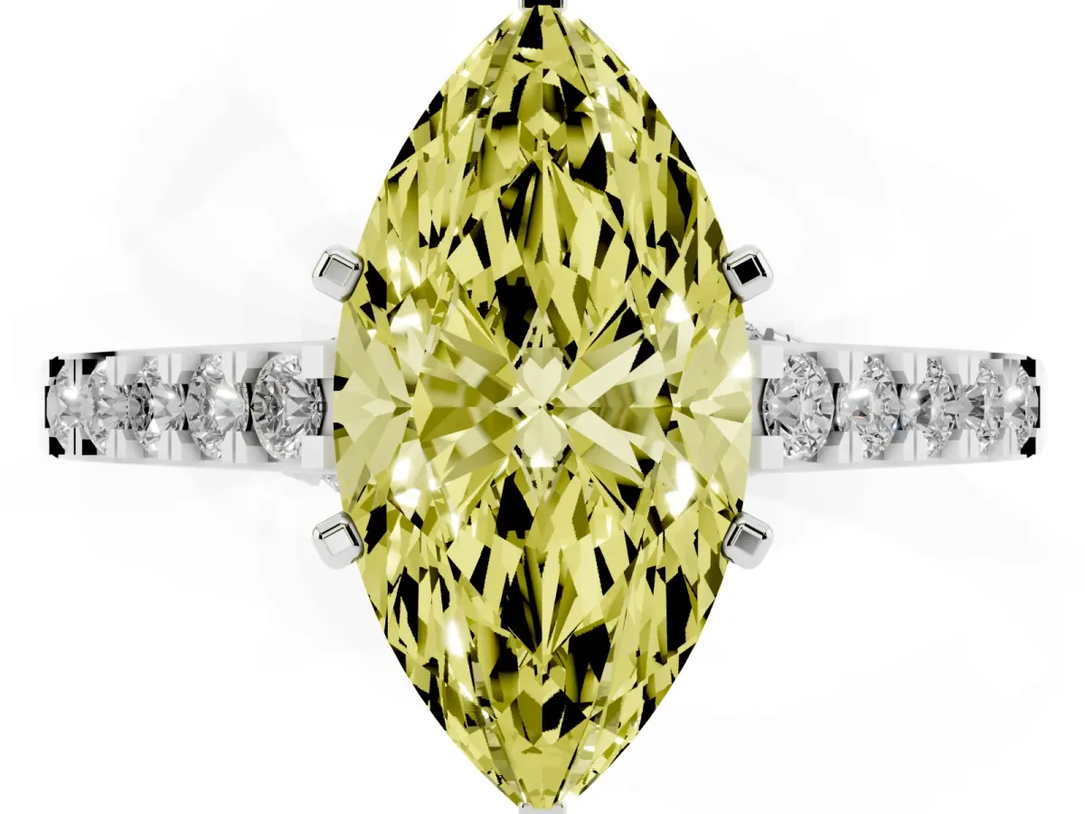 Fancy Yellow Marquise Cut Diamond Solitaire Ring with Crossover Gallery and Round Pavé Band Platinum