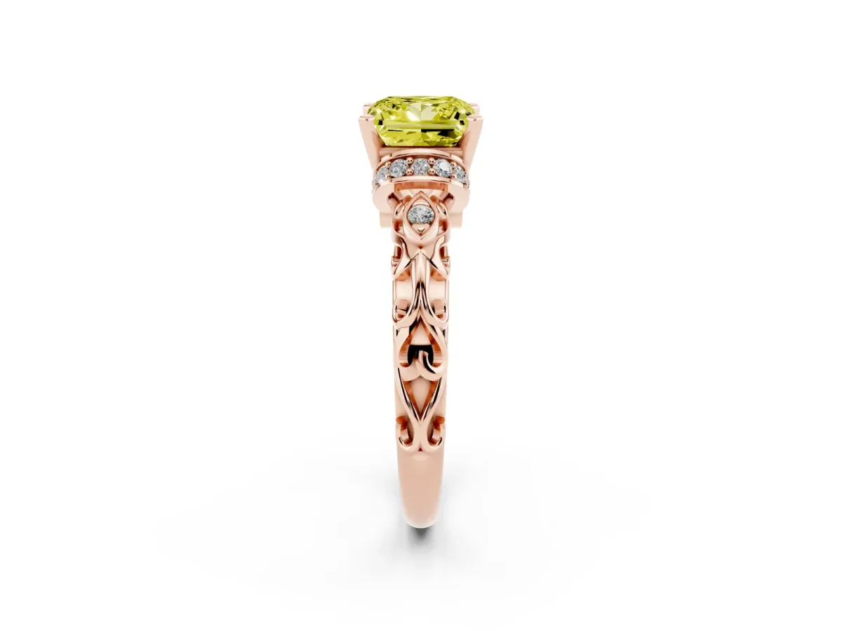 Fancy Yellow Princess Cut Diamond Solitaire Ring with Filigree Band and Four-Prong Setting Rose gold