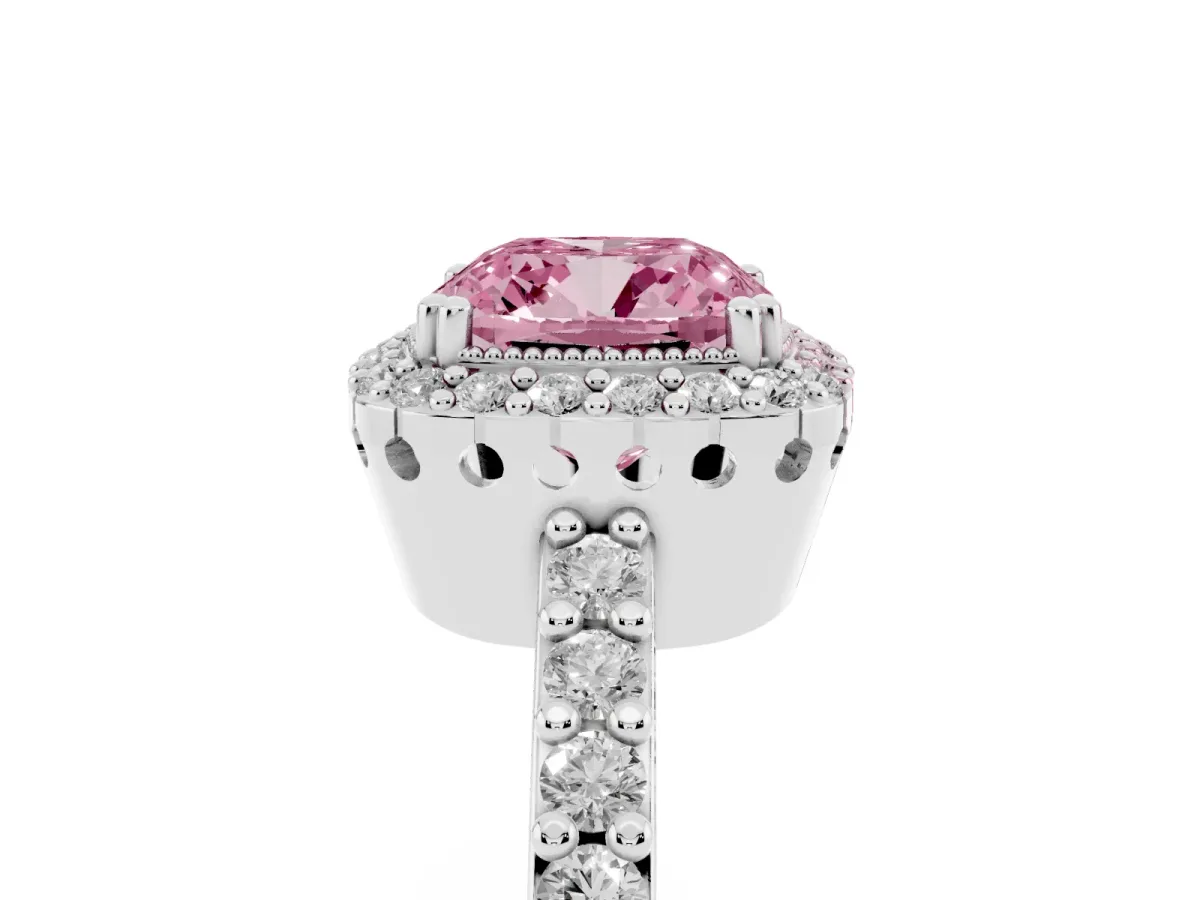 Fancy Pink Cushion Cut Cut Diamond Halo Engagement Ring with Milgrain Detail and Pavé Band Platinum