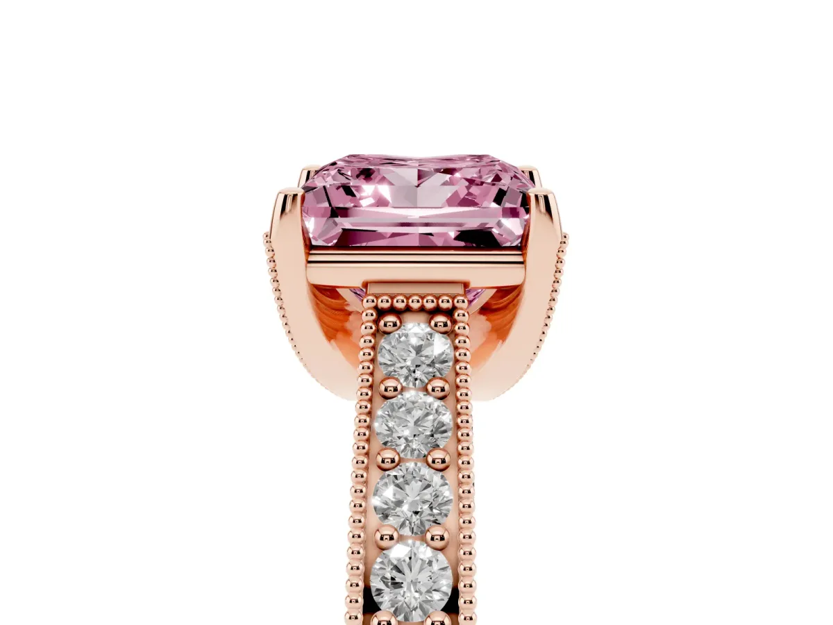 Fancy Pink Princess Cut Cut Diamond Solitaire Ring with Milgrain Pave Band and Four Prong Setting Rose gold