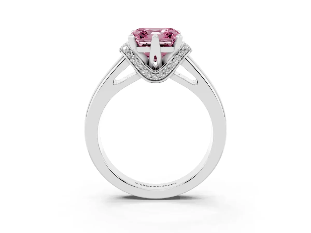 Fancy Pink Asscher Cut Solitaire Diamond Ring with Pave Band and Six-Prong Setting Silver