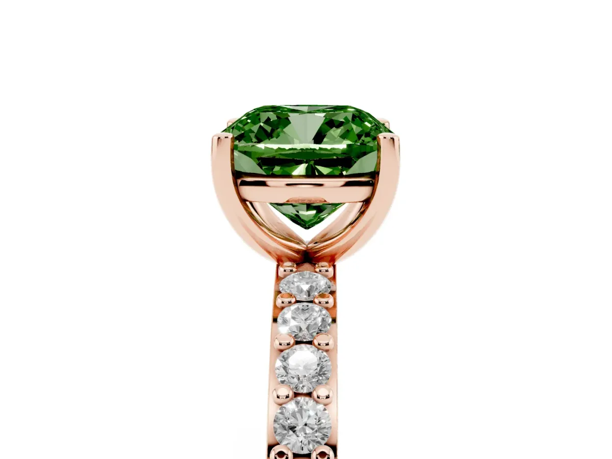 Fancy Green Cushion Cut Cut Diamond Solitaire with Pave Band and Four-Prong Setting Rose gold
