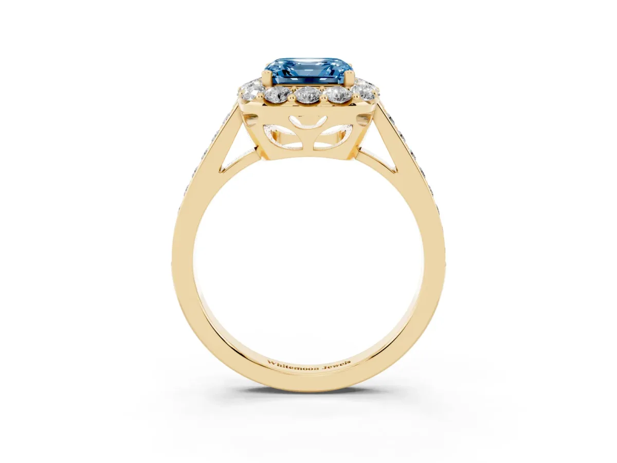 Fancy Blue Asscher Cut Diamond Floral Halo Ring with Pavé Band and Prong Setting Yellow gold