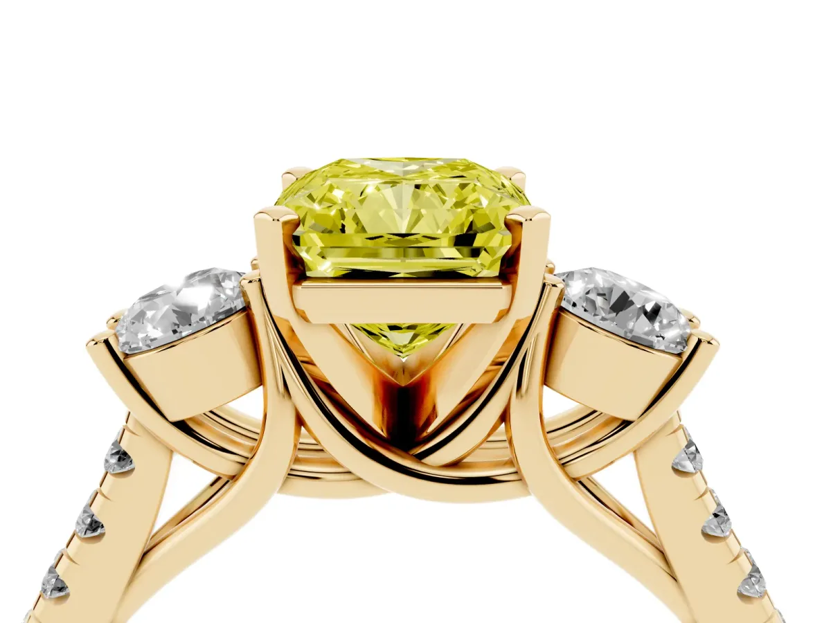 Fancy Yellow Three-Stone Radiant Cut Diamond Pavé Band with Four-Prong Setting Yellow gold